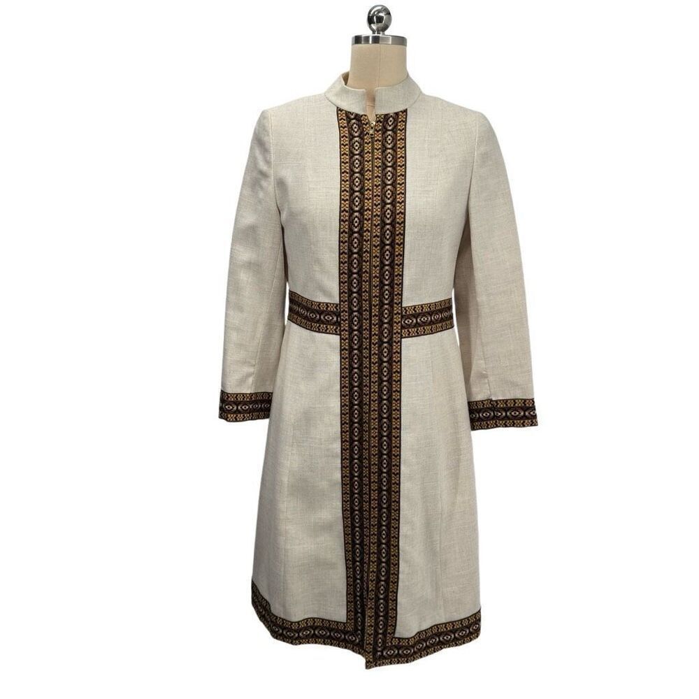Vintage long jacket front zip linen blend sz s womens ethnic print